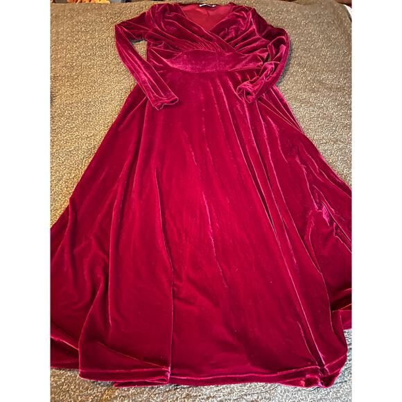 Deep red velvet maxi dress faux wrap wide midriff  v neck long sleeve party - Picture 6 of 11